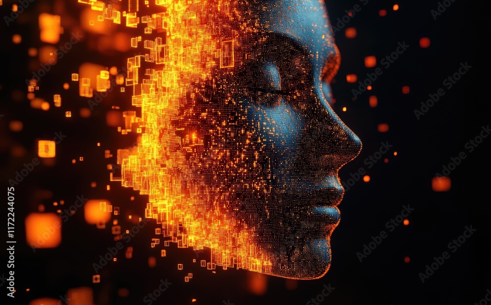 Poster a digital illustration of an orange and black background with glowing particles forming the silhouet