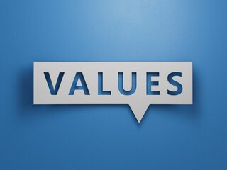 values word written on wood block.Minimalist Abstract Design With White Cut Out Paper.3D rendering on blue background. 