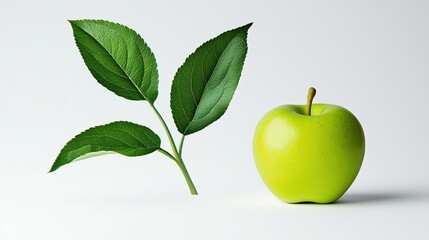 A green apple next to green leaves on a white background, emphasizing freshness and nature.
