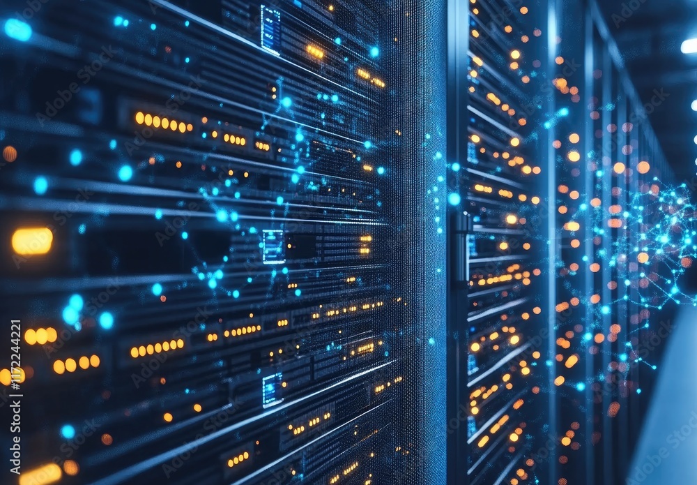 Poster A close-up of an advanced data center with rows of server racks and glowing blue and orange lights symbolizing activity, set against a dark background to emphasize cutting-edge technology