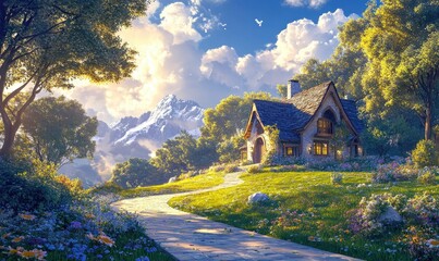 A beautiful house nestled in nature, surrounded by flowers and trees, with a path leading to it and a mountain backdrop on a sunny day, creating a dreamy, fantasy-like atmosphere