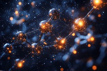 Glowing molecular structure connecting atoms in dark space with light particles