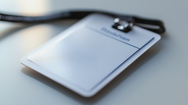 Blank ID Badge Mockup: A close-up shot of a blank ID badge with a black lanyard, ready for your design or text. Perfect for showcasing your brand or creating professional identity visuals. 