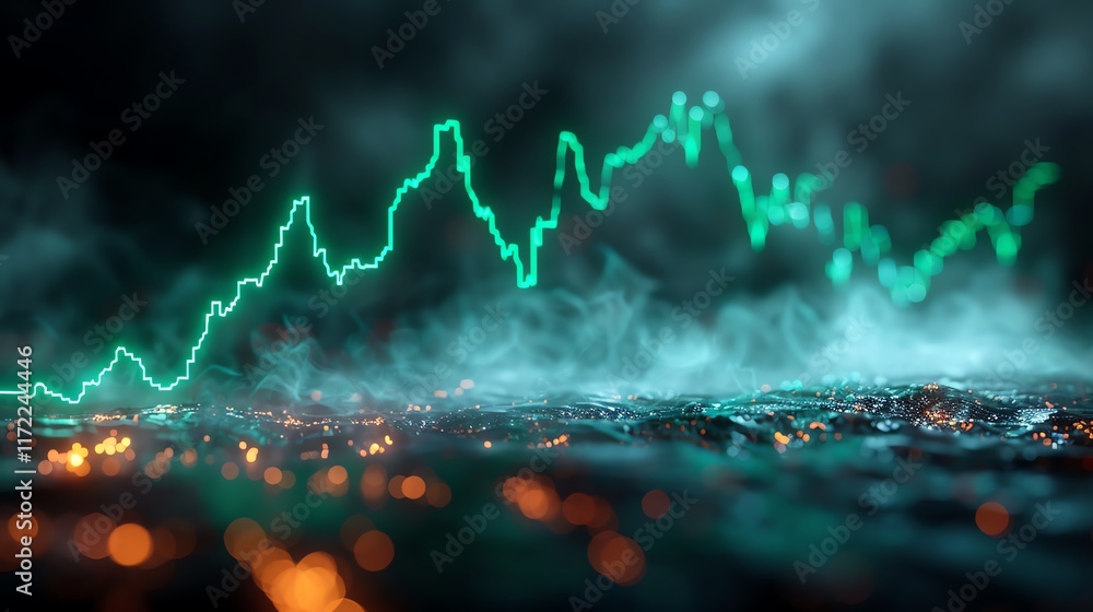 Poster vibrant financial data visualization with green line graph on dark background showcasing trends over