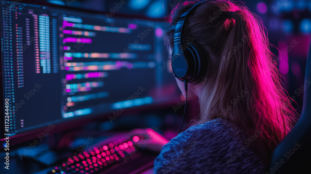 Poster nightcoder: focused female programmer immersed in her work