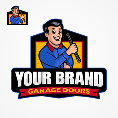 Mascot Logo Design For Garage Door Service Company, Character Cartoon Stock Vector