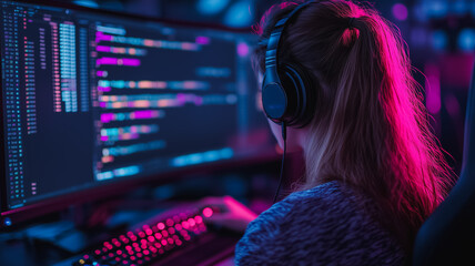 NightCoder: Focused Female Programmer Immersed in Her Work