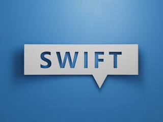 Speech Bubble block with swift business word.Minimalist Abstract Design With White Cut Out Paper.3D rendering on blue background.