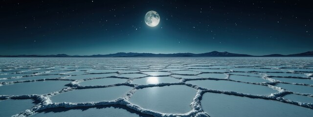 A surreal perspective of the Salar de Uyuni salt flats in Bolivia, with hexagonal salt patterns under the reflection of a full moon, Salar de Uyuni moonlit scene