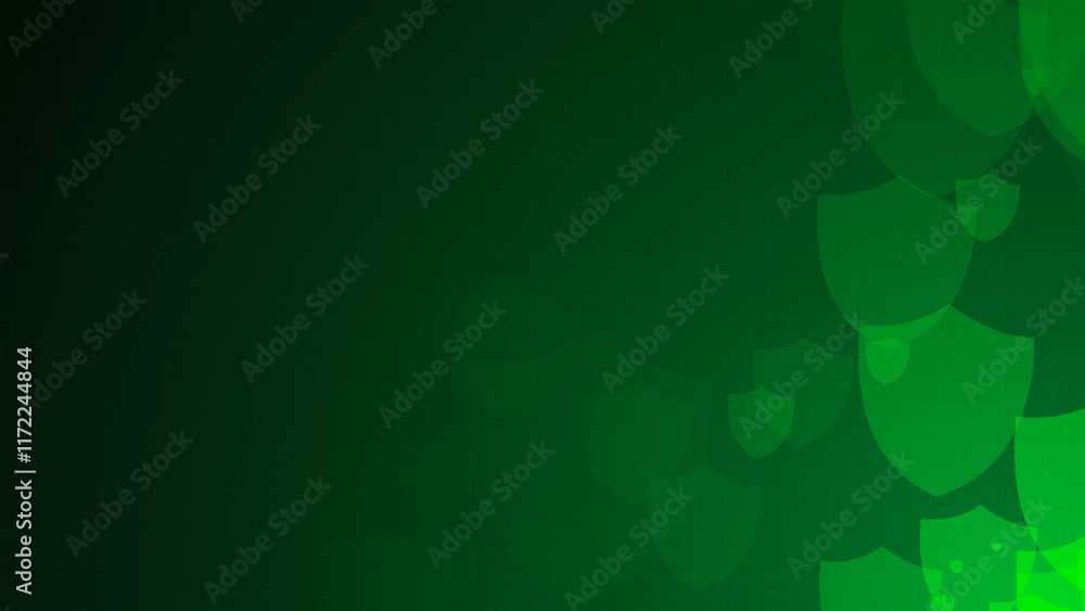Poster green shield shapes are moving from the bottom right of a gradient grid abstract background, horizon