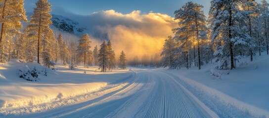Obraz premium A snow covered road with a sun shining on it