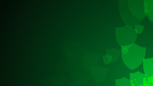 Green shield shapes are moving from the bottom right of a gradient grid abstract background, horizontal composition. Security background for graphic design.