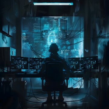 Solitary Hacker Illuminated by Flickering Monitors and Tangled Digital Code