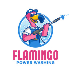 Pressure Washing Logo Stock, Pink Flamingo Cartoon Mascot Stock Vector