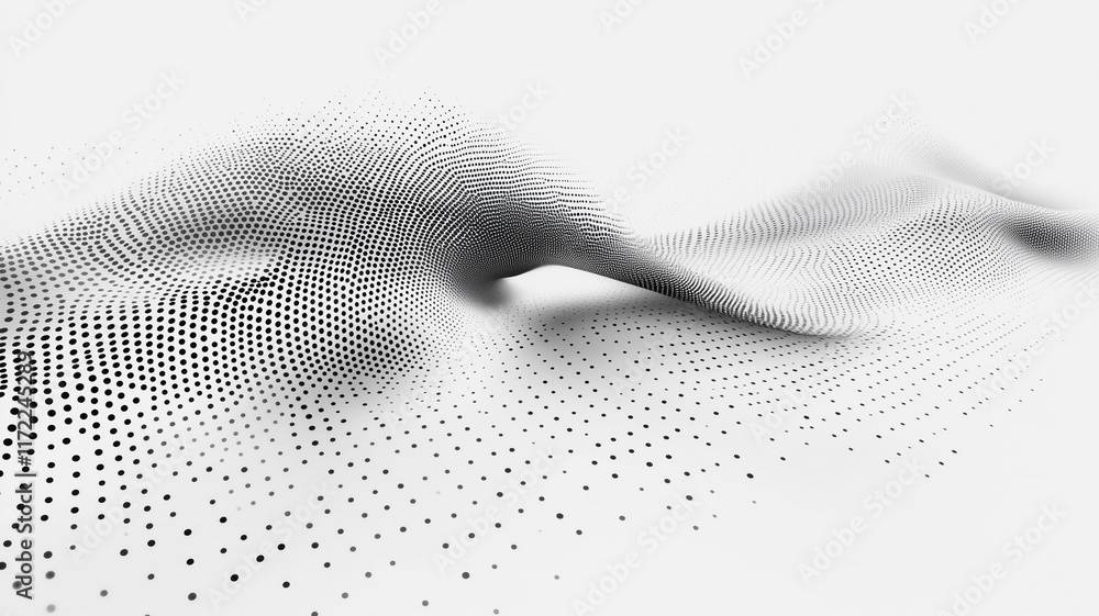 Poster digital landscape: abstract grayscale rendering of a flowing, undulating surface composed of dense, 