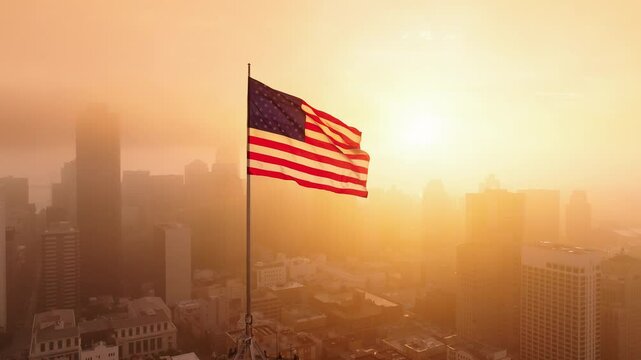 Aerial Drone Shot of American Flag Waving at Sunrise Over San Francisco Skyline and Nob Hill, California