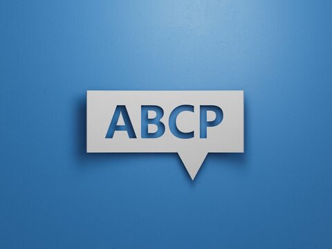 Word abcp on Speech Bubble with copy space.Minimalist Abstract Design With White Cut Out Paper.3D rendering on blue background.