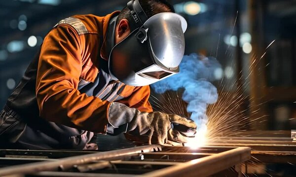 A welder in protective gear works on metal, creating sparks as he shapes and joins materials, highlighting the skill and precision involved in industrial craftsmanship.