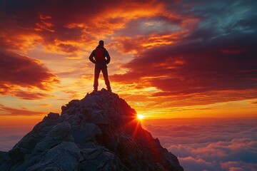 Fototapeta premium A man stands on a mountain peak at sunset