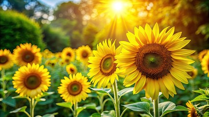Obraz premium High-resolution image: summer's radiant sunflowers explode with vibrant yellow in a flourishing garden.