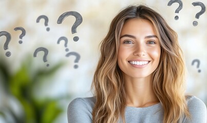 Smiling woman with a questioning expression against a blurred background.