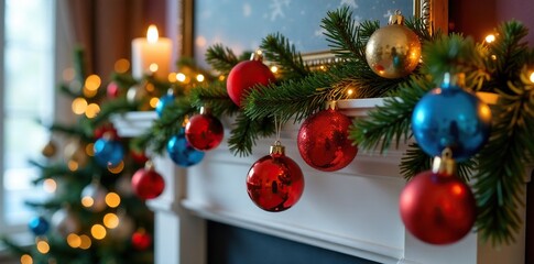 Colorful tinsel balls with blue and orange accents draped over a mantelpiece, mantelpiece, festive