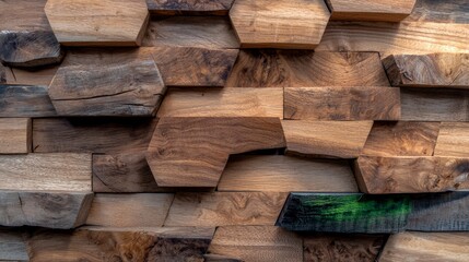 Abstract Textured Wooden Wall Paneling Background Rustic Brown Wood Blocks Irregular Shapes
