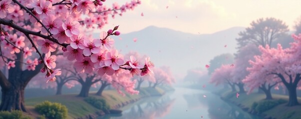 delicate cherry blossom on a misty morning scene, branches, flowers, landscape