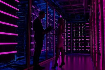 Tech Professionals Inspecting Data Center Servers Under Neon Lights