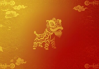 Golden Lion Dance Background: A vibrant and auspicious design featuring a golden lion dance figure against a red and gold gradient background, adorned with traditional Chinese patterns and clouds.  