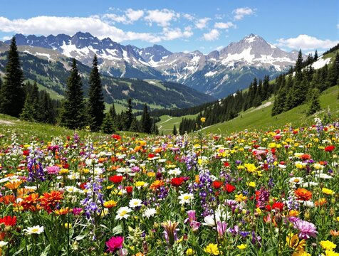 meadow with flowers and mountains - Powered by Adobe