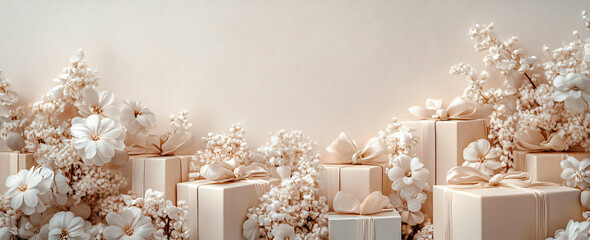 Elegant floral arrangement with gift boxes in soft beige and cream tones, perfect for Women's Day, Mother's Day, weddings, and other sophisticated celebrations.