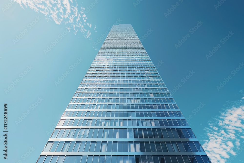 Poster clear pixel visual of 3d rendering of modern skyscraper and blue sky