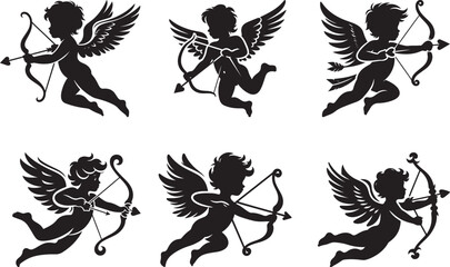 Cupid with Bow and Arrow set silhouette vector illustration, Cupid with Bow and Arrow line art vector design