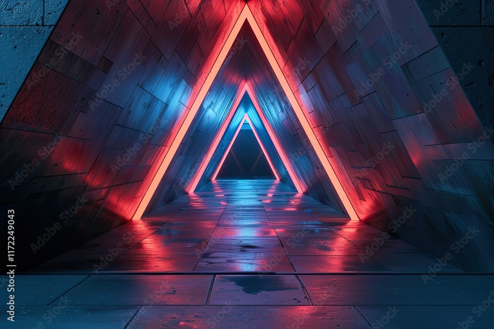 Poster vibrant color image of 3d render of abstract triangle shape in tunnel background