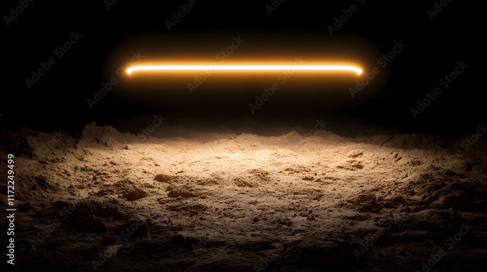 Poster illuminated curved line over a sandy landscape in a dark setting highlighting texture and contrast f