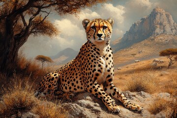 Obraz premium A majestic cheetah resting on a rock in a scenic landscape.