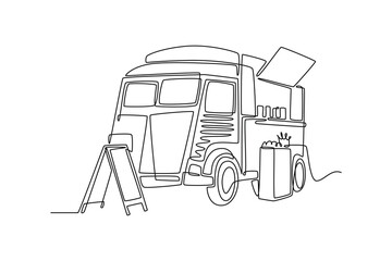 Street food festival. Market concept. Single line draw design vector graphic illustration.	