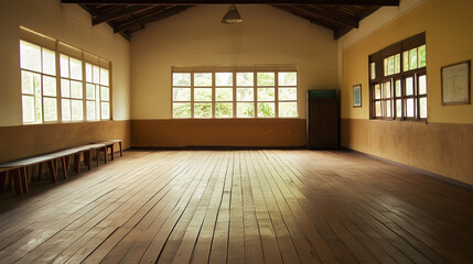 Obraz premium A large room with wooden floors and a lot of windows