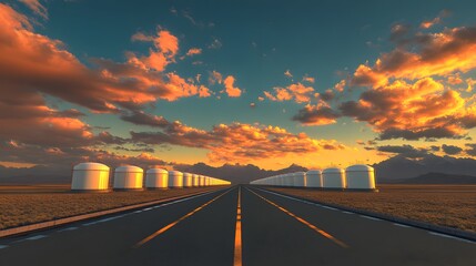 Obraz premium Expansive Highway Leading Towards Industrial Storage Tanks Under a Colorful Sunset Sky with Dramatic Cloud Formations and Majestic Mountains in the Background