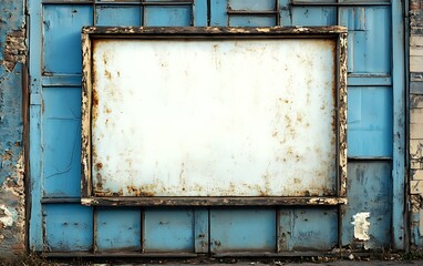 Naklejka premium Rusty blank billboard on old blue metal wall; urban backdrop for advertisement.