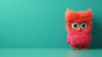 Fototapeta premium Adorable Fluffy Pink Owl with Glasses on Teal Background