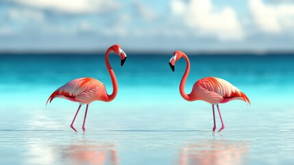 Two Pink Flamingos Face Each Other in Shallow Water