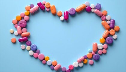 Obraz premium A heart shape formed by colorful pills on a light blue background, representing compassion in healthcare and wellness