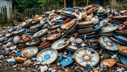 Fototapeta premium A large pile of discarded and broken plates, bowls, and other ceramic dishes,