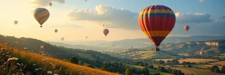 Fototapeta premium Hot air balloons sail above a serene countryside landscape, scenery, rolling hills, balloons