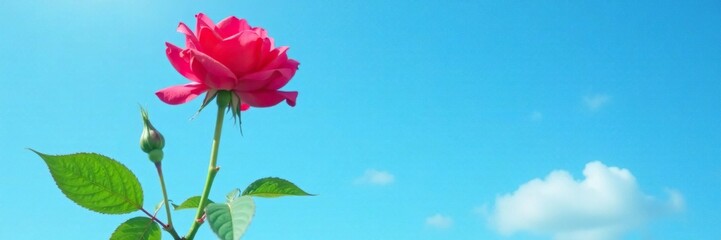 Fototapeta premium Long-stemmed red rose against a bright blue sky with large green leaves, stem, , garden
