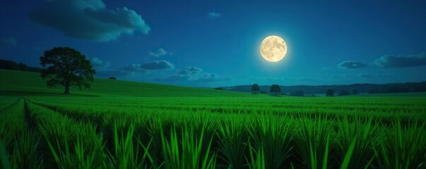 Fototapeta premium Lush green hay field under the gentle glow of a full moon, fields, night sky, moonlight