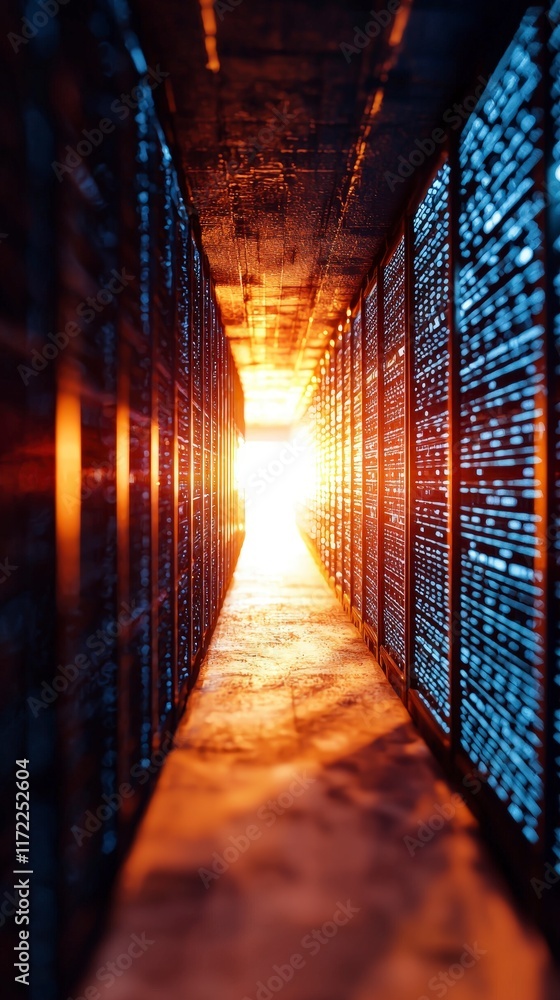 Aufkleber futuristic data center corridor illuminated server racks and bright light at the end of a digital