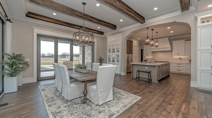 Farmhouse style dining area with kitchen view, hardwood floors, exposed beams, and white chairs.